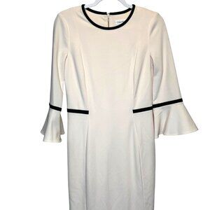 Calvin Klein Cream & Black Piped Bell Sleeve Sheath Dress, Size 6